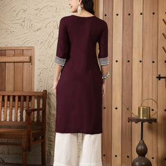 Stylum Women's Wine Solid & Embroidered Rayon Straight Kurta (WINETRIGGER)