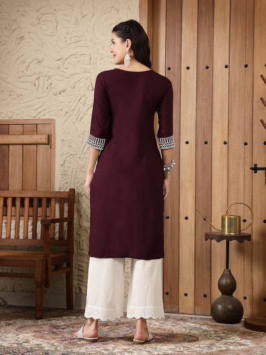 Stylum Women's Wine Solid & Embroidered Rayon Straight Kurta (WINETRIGGER)