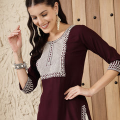 Stylum Women's Wine Solid & Embroidered Rayon Straight Kurta (WINETRIGGER)