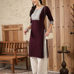 Stylum Women's Wine Solid & Embroidered Rayon Straight Kurta (WINETRIGGER)