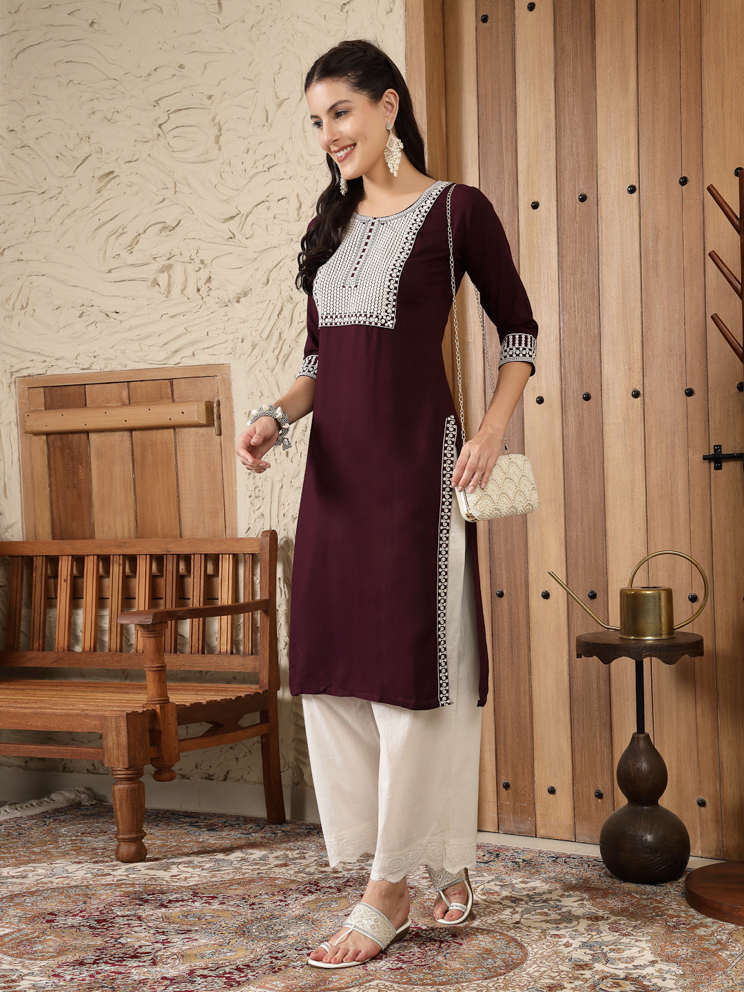 Stylum Women's Wine Solid & Embroidered Rayon Straight Kurta (WINETRIGGER)