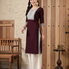 Stylum Women's Wine Solid & Embroidered Rayon Straight Kurta (WINETRIGGER)
