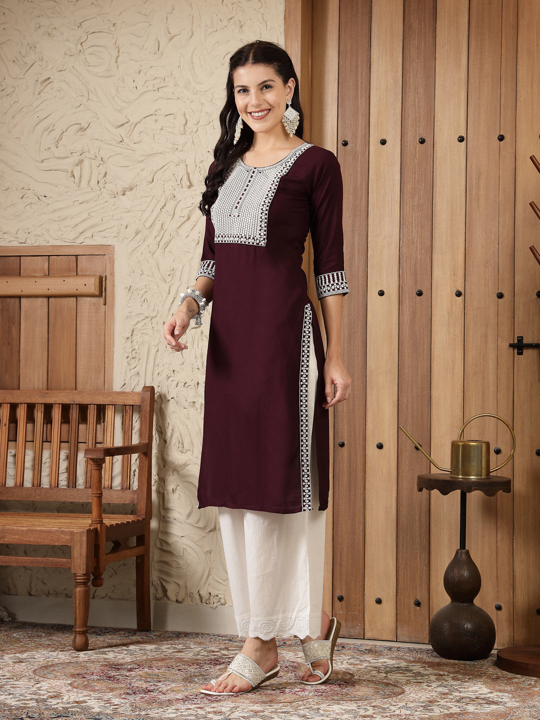 Stylum Women's Wine Solid & Embroidered Rayon Straight Kurta (WINETRIGGER)