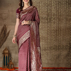 Stylum Women's Ethnic Motifs Woven Design Zari Silk Blend Banarasi Saree (Wineelbow)