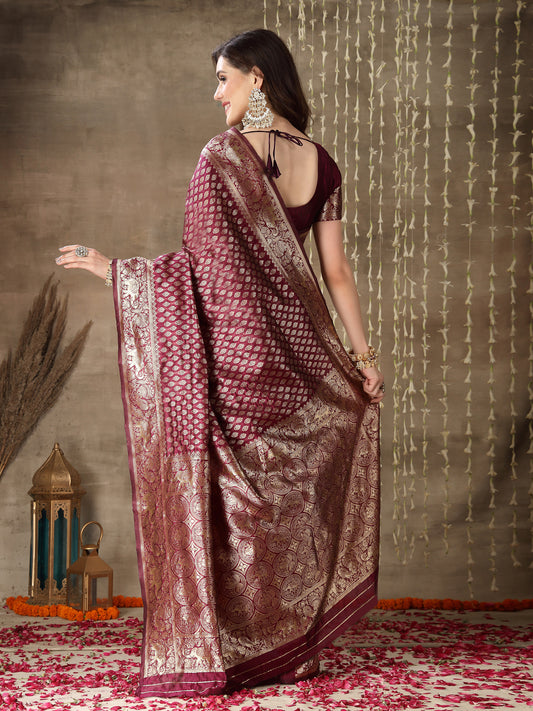Stylum Women's Ethnic Motifs Woven Design Zari Silk Blend Banarasi Saree (Wineelbow)