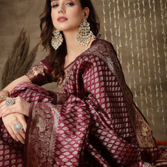 Stylum Women's Ethnic Motifs Woven Design Zari Silk Blend Banarasi Saree (Wineelbow)