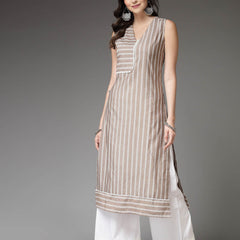 Stylum Women's Woven Striped Cotton Blend Straight Kurta (XTATOOBEIGE)