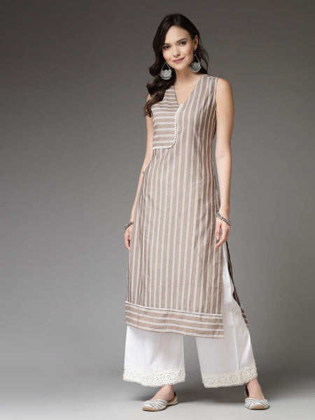 Stylum Women's Woven Striped Cotton Blend Straight Kurta (XTATOOBEIGE)