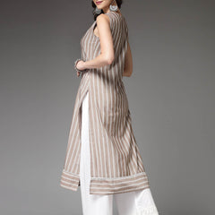 Stylum Women's Woven Striped Cotton Blend Straight Kurta (XTATOOBEIGE)
