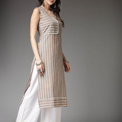 Stylum Women's Woven Striped Cotton Blend Straight Kurta (XTATOOBEIGE)