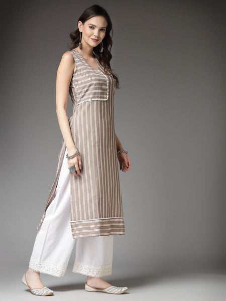 Stylum Women's Woven Striped Cotton Blend Straight Kurta (XTATOOBEIGE)