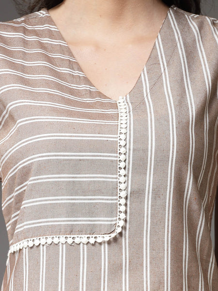 Stylum Women's Woven Striped Cotton Blend Straight Kurta (XTATOOBEIGE)