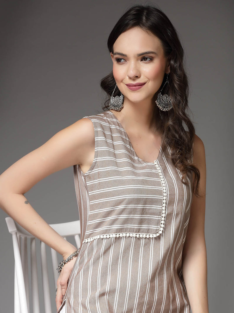 Stylum Women's Woven Striped Cotton Blend Straight Kurta (XTATOOBEIGE)