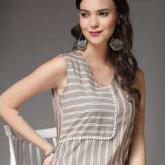 Stylum Women's Woven Striped Cotton Blend Straight Kurta (XTATOOBEIGE)