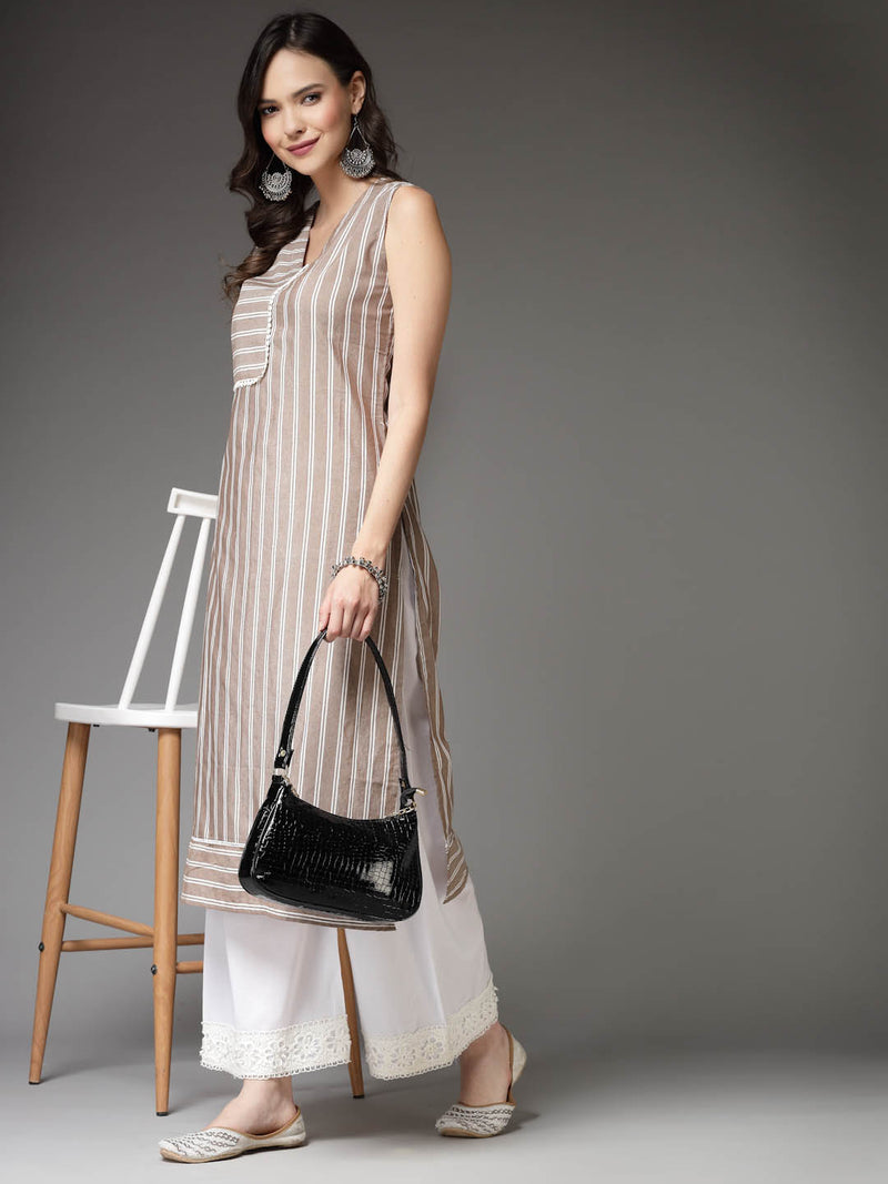 Stylum Women's Woven Striped Cotton Blend Straight Kurta (XTATOOBEIGE)