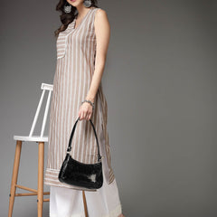 Stylum Women's Woven Striped Cotton Blend Straight Kurta (XTATOOBEIGE)