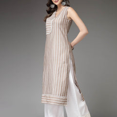 Stylum Women's Woven Striped Cotton Blend Straight Kurta (XTATOOBEIGE)