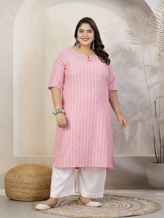 Stylum Plus Size Women Self Woven Striped Cotton Blend Straight Kurta (YASHIPINKPLUS)