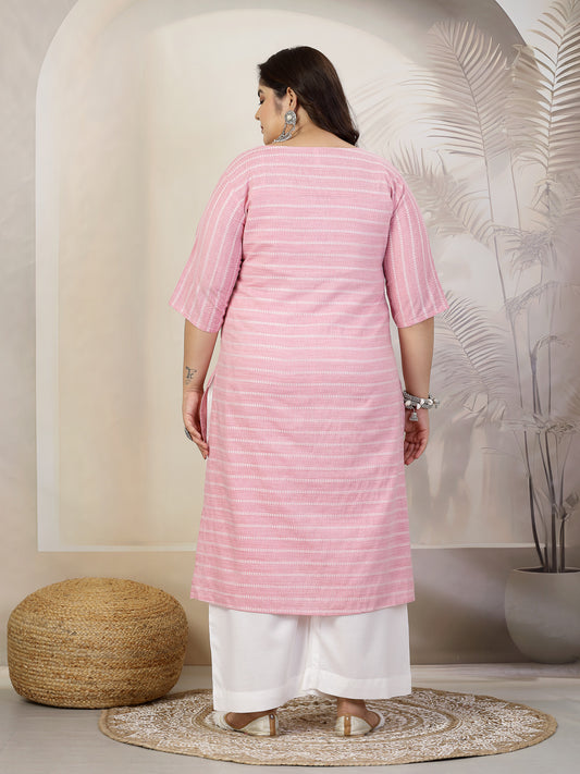 Stylum Plus Size Women Self Woven Striped Cotton Blend Straight Kurta (YASHIPINKPLUS)