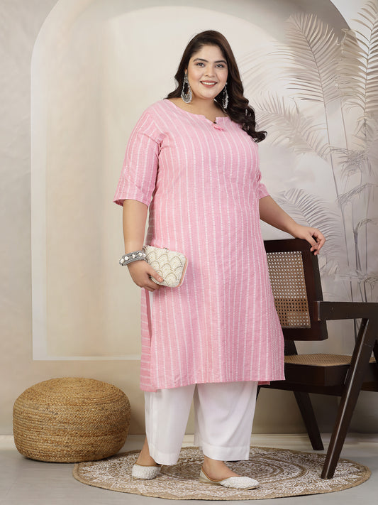 Stylum Plus Size Women Self Woven Striped Cotton Blend Straight Kurta (YASHIPINKPLUS)