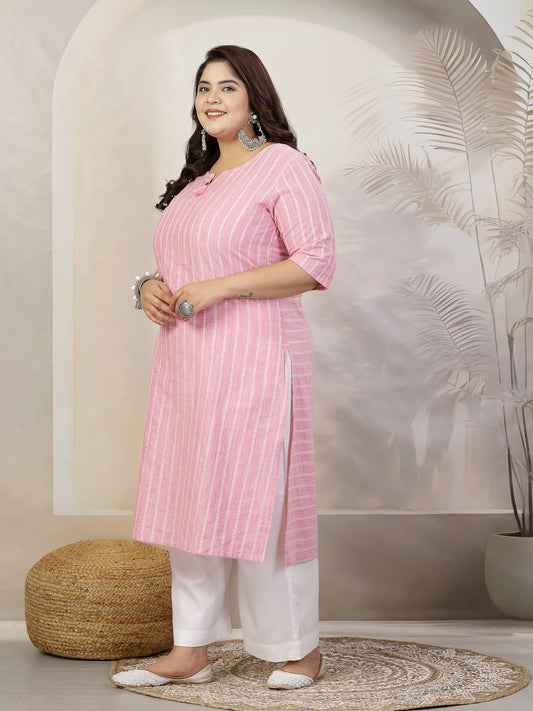 Stylum Plus Size Women Self Woven Striped Cotton Blend Straight Kurta (YASHIPINKPLUS)