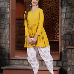 Stylum Women's Embellished Rayon Pleated kurta Dhoti Pant Set (Yellowdhotiset)
