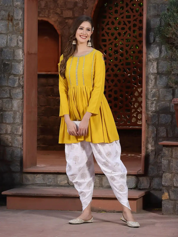 Stylum Women's Embellished Rayon Pleated kurta Dhoti Pant Set (Yellowdhotiset)
