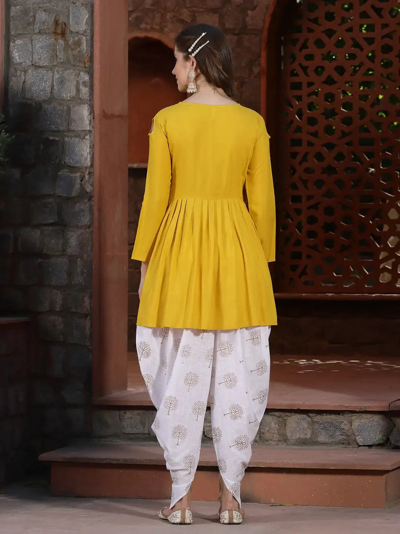 Stylum Women's Embellished Rayon Pleated kurta Dhoti Pant Set (Yellowdhotiset)