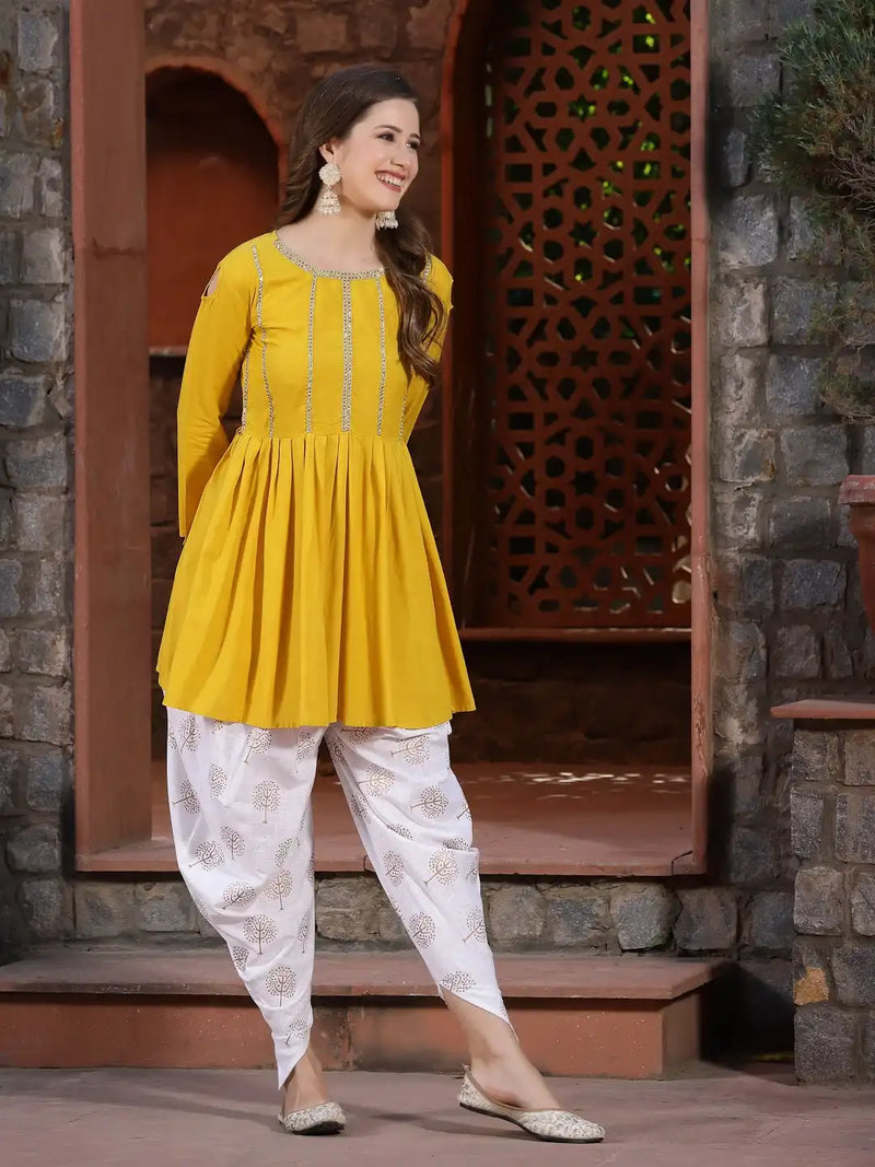 Stylum Women's Embellished Rayon Pleated kurta Dhoti Pant Set (Yellowdhotiset)