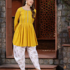 Stylum Women's Embellished Rayon Pleated kurta Dhoti Pant Set (Yellowdhotiset)
