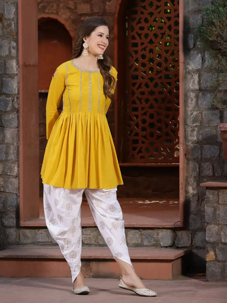Stylum Women's Embellished Rayon Pleated kurta Dhoti Pant Set (Yellowdhotiset)