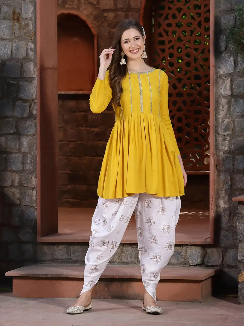 Stylum Women's Embellished Rayon Pleated kurta Dhoti Pant Set (Yellowdhotiset)