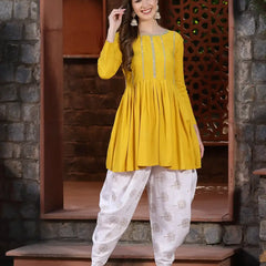 Stylum Women's Embellished Rayon Pleated kurta Dhoti Pant Set (Yellowdhotiset)