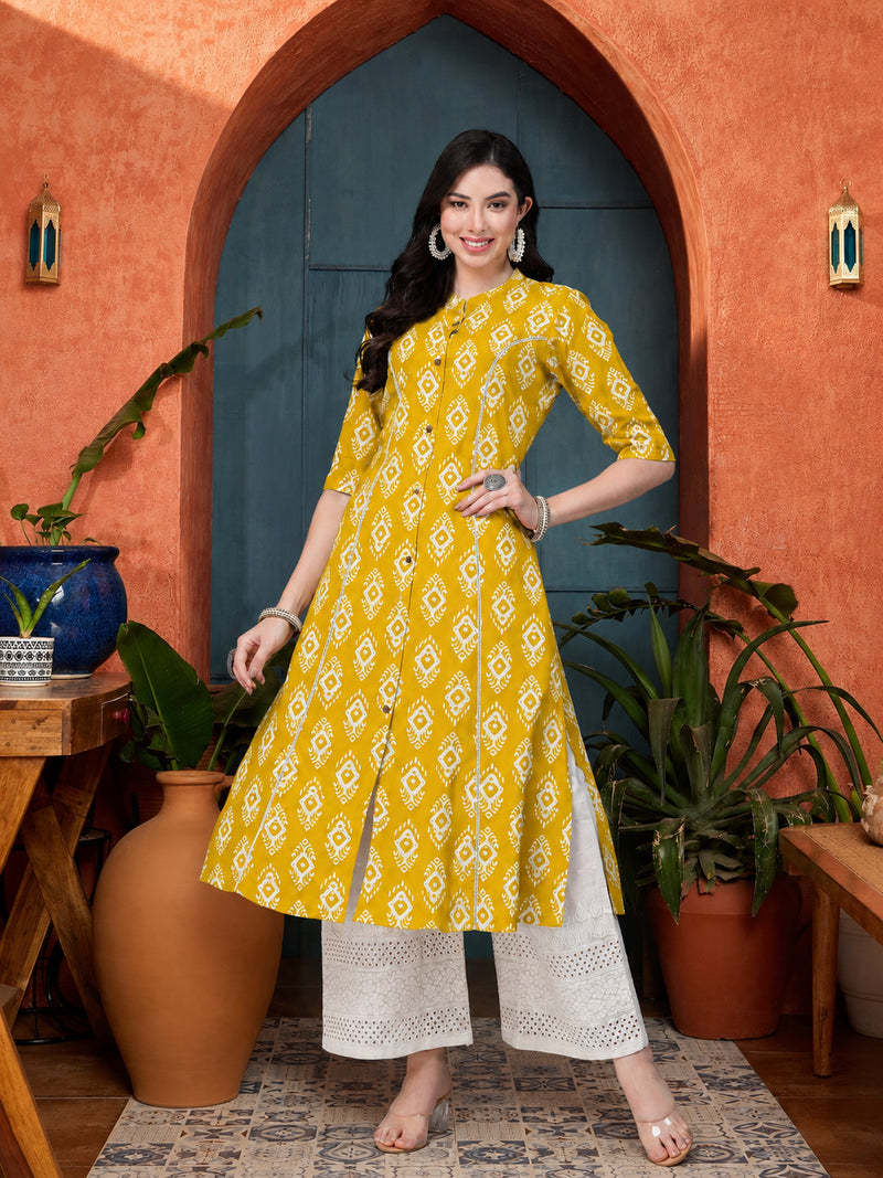 Stylum Women's Yellow Ethnic Printed Rayon A-Line Kurta (YELLOWREET)