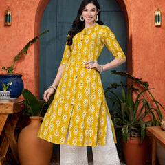 Stylum Women's Yellow Ethnic Printed Rayon A-Line Kurta (YELLOWREET)