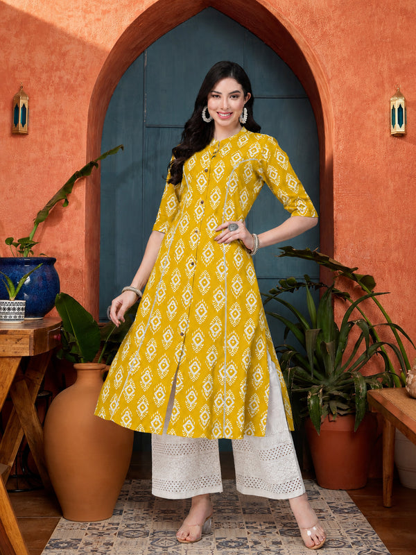Stylum Women's Yellow Ethnic Printed Rayon A-Line Kurta (YELLOWREET)