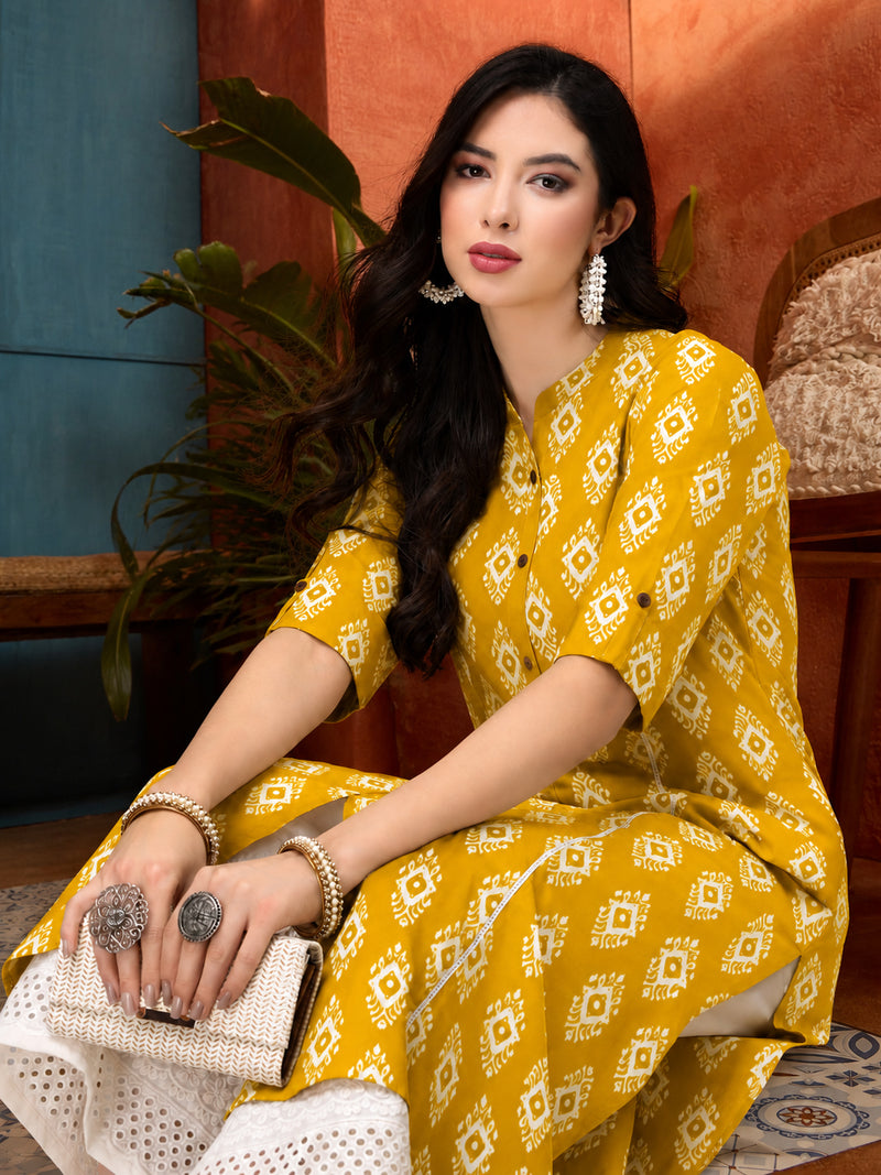 Stylum Women's Yellow Ethnic Printed Rayon A-Line Kurta (YELLOWREET)