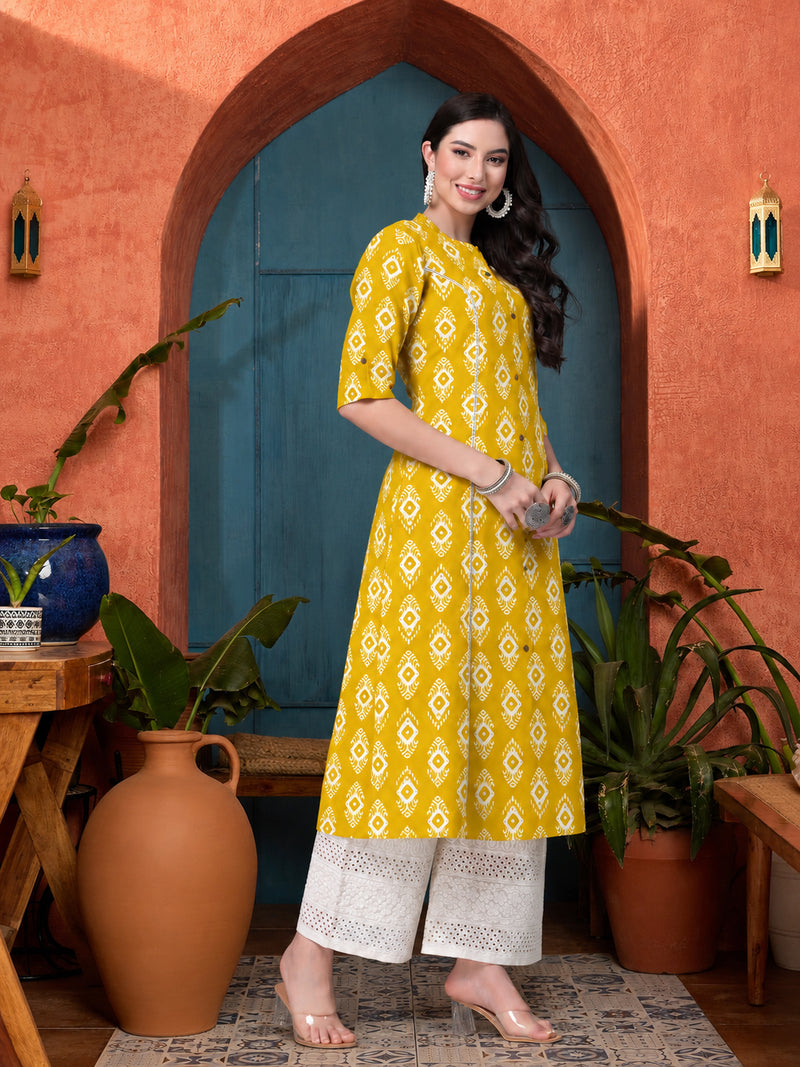 Stylum Women's Yellow Ethnic Printed Rayon A-Line Kurta (YELLOWREET)