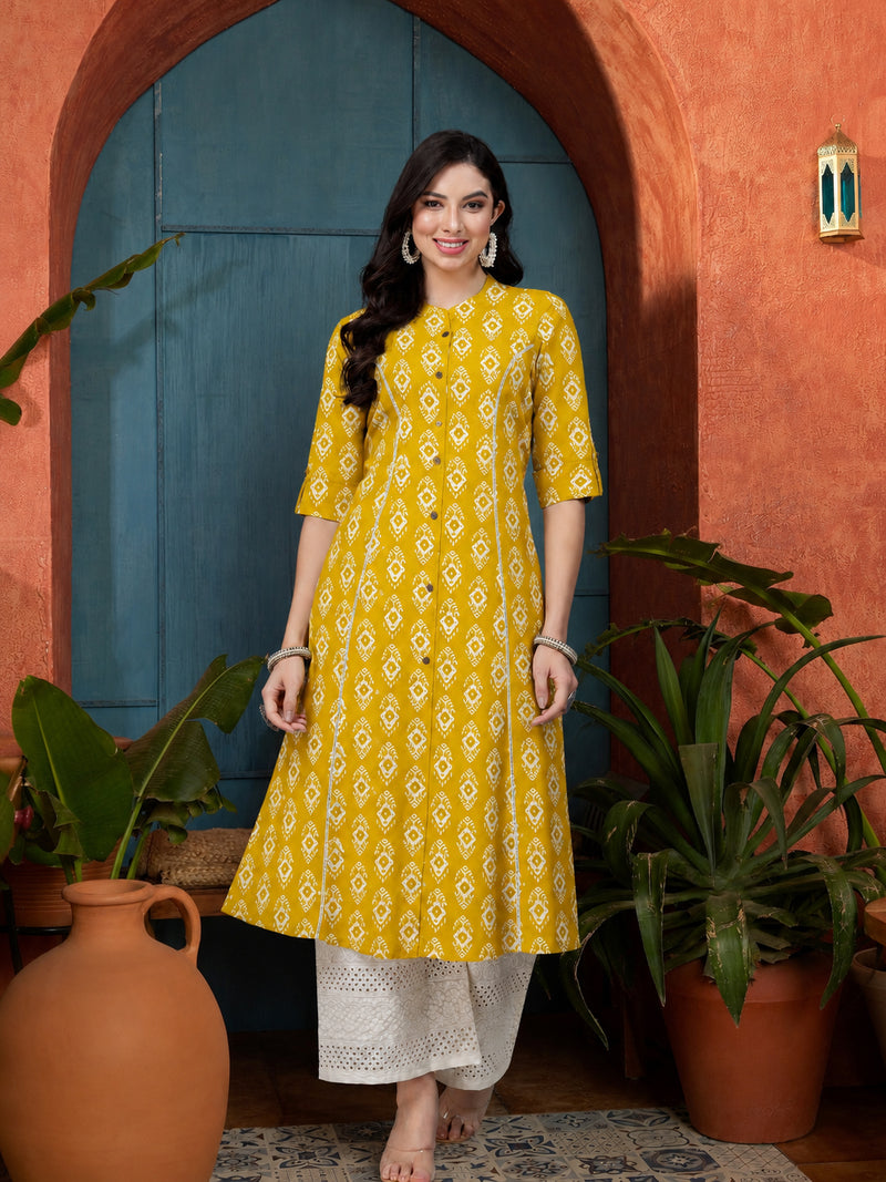 Stylum Women's Yellow Ethnic Printed Rayon A-Line Kurta (YELLOWREET)