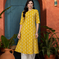 Stylum Women's Yellow Ethnic Printed Rayon A-Line Kurta (YELLOWREET)