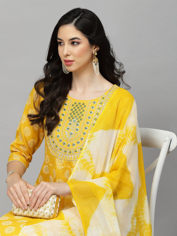 Stylum Women's Printed & Embroidered Rayon Anarkali Kurta with Dupatta (YLWSARANG)