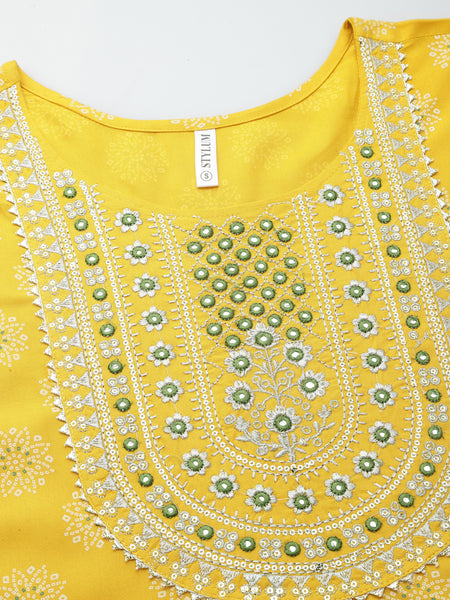 Stylum Women's Printed & Embroidered Rayon Anarkali Kurta with Dupatta (YLWSARANG)