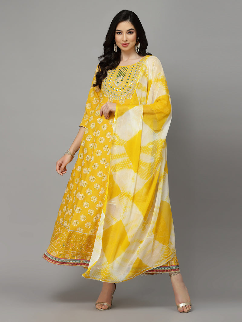 Printed & Embroidered Rayon Anarkali Kurta with Dupatta