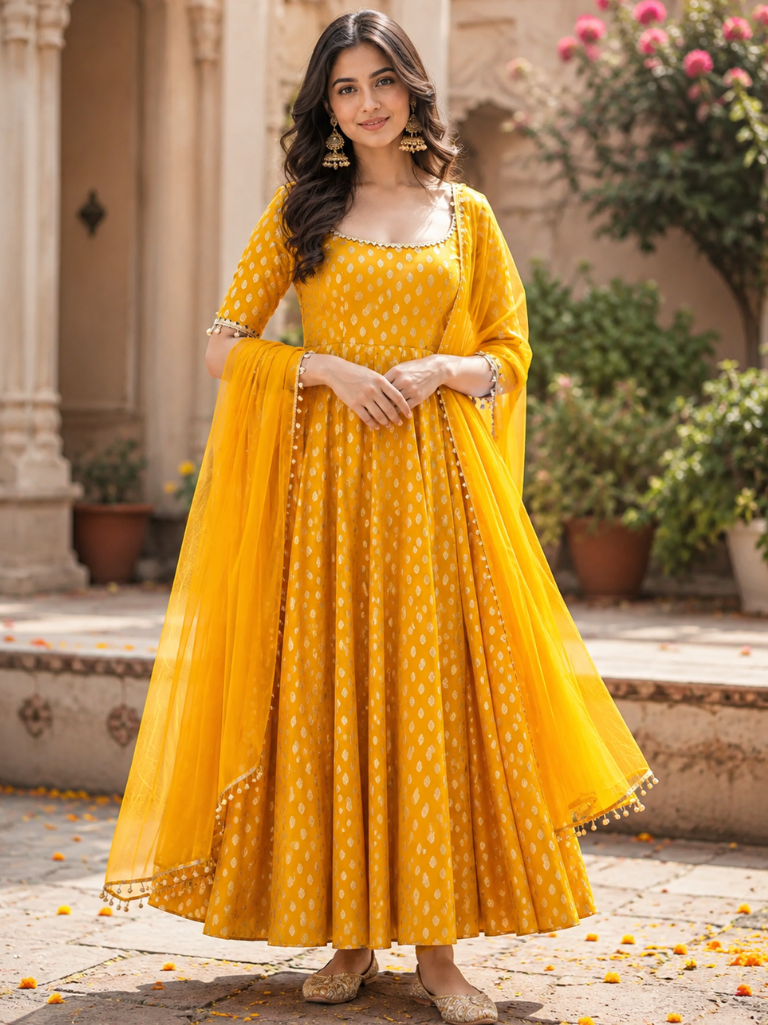 Women’s Mustard Yellow Satin Brocade Anarkali Suit Set with Organza Dupatta (KPDMUSTARDITALIA)