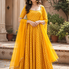 Women’s Mustard Yellow Satin Brocade Anarkali Suit Set with Organza Dupatta (KPDMUSTARDITALIA)