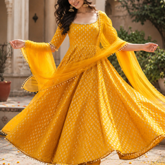 Women’s Mustard Yellow Satin Brocade Anarkali Suit Set with Organza Dupatta (KPDMUSTARDITALIA)