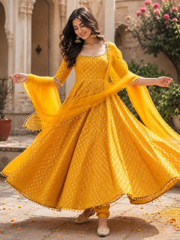 Women’s Mustard Yellow Satin Brocade Anarkali Suit Set with Organza Dupatta (KPDMUSTARDITALIA)