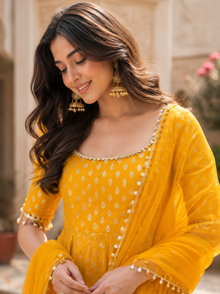 Women’s Mustard Yellow Satin Brocade Anarkali Suit Set with Organza Dupatta (KPDMUSTARDITALIA)
