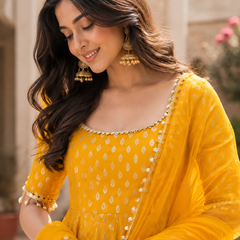 Women’s Mustard Yellow Satin Brocade Anarkali Suit Set with Organza Dupatta (KPDMUSTARDITALIA)