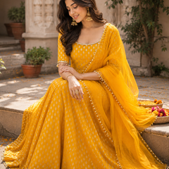 Women’s Mustard Yellow Satin Brocade Anarkali Suit Set with Organza Dupatta (KPDMUSTARDITALIA)